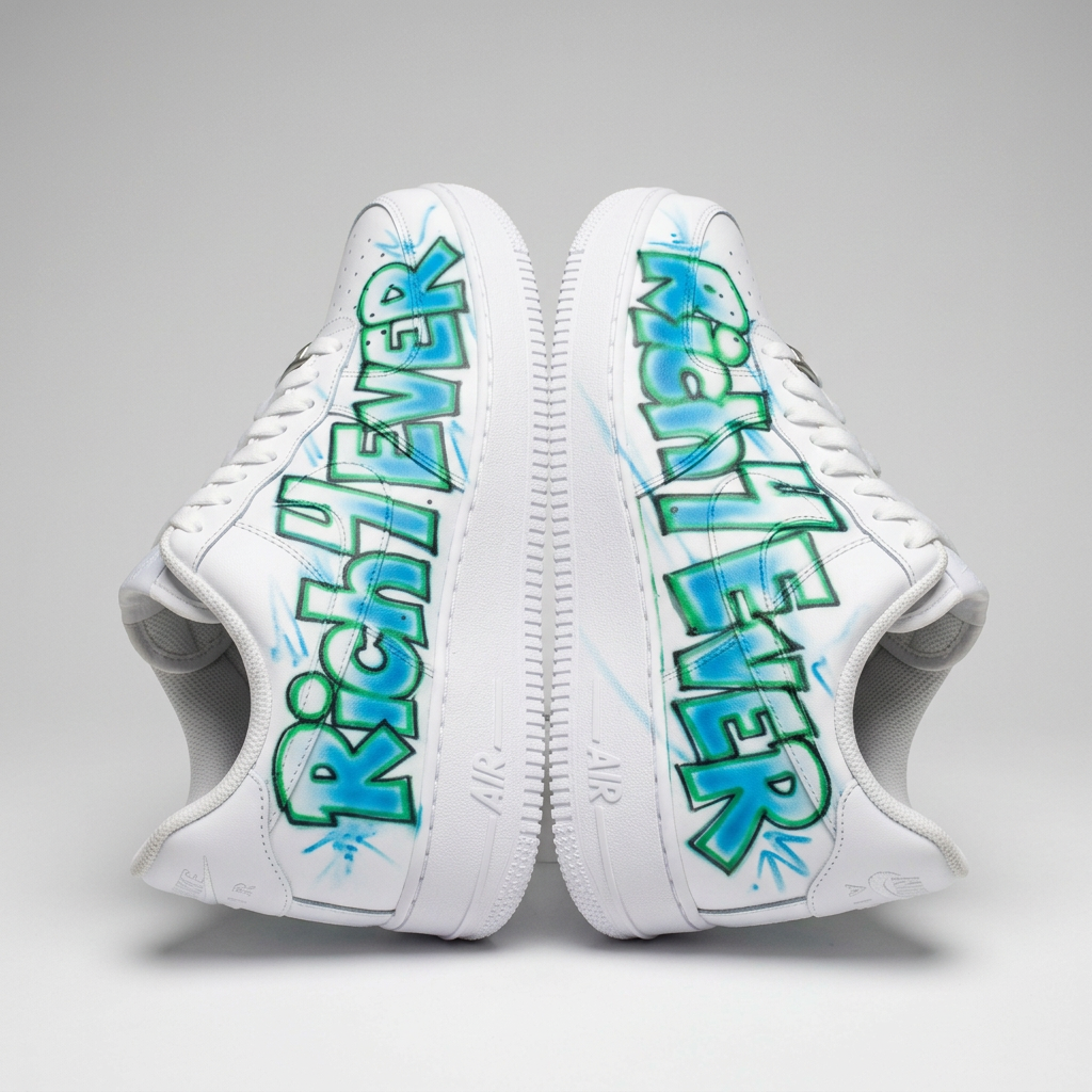 Artisan Rich4Ever Graffiti Bubble Letter Custom Kicks — custom airbrush painted sneakers, sold as a matching pair