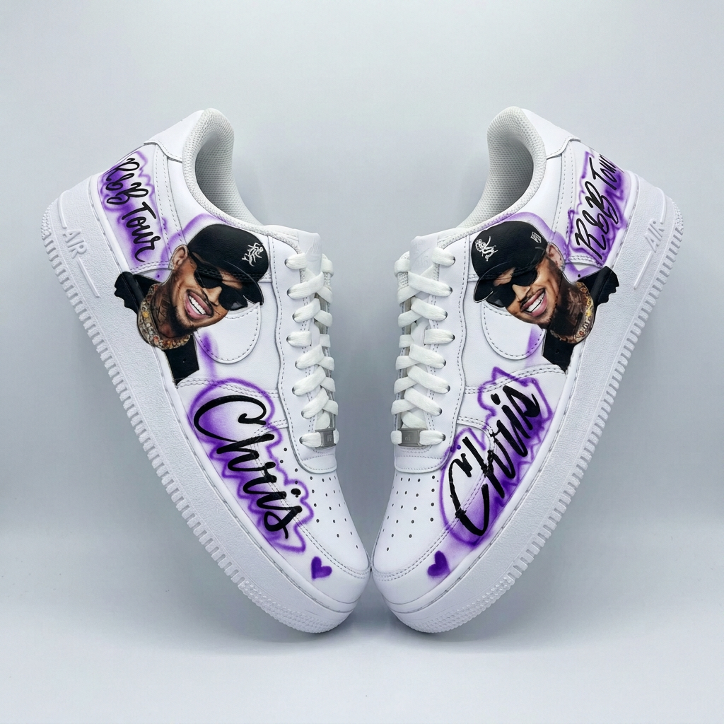 Hand-Painted R&B Tour Portrait — Purple Custom Kicks — custom airbrush painted sneakers, sold as a matching pair