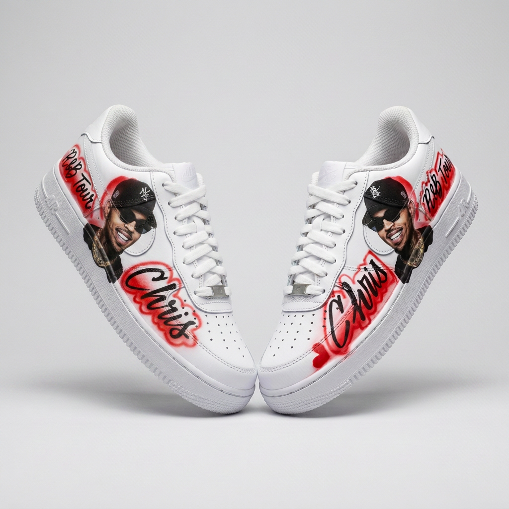Master-Sprayed R&B Tour Portrait — Red Custom Kicks — custom airbrush painted sneakers, sold as a matching pair