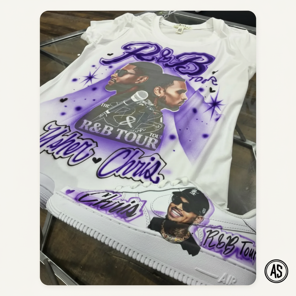 Signature R&B Tour Matching Tee & Set — Purple Custom Kicks — custom airbrush painted sneakers, sold as a matching pair