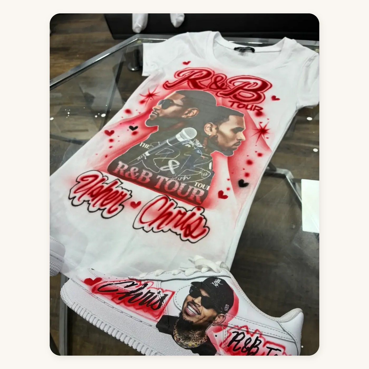 Studio R&B Tour Matching Tee & Set — Red Custom Kicks — custom airbrush painted sneakers, sold as a matching pair