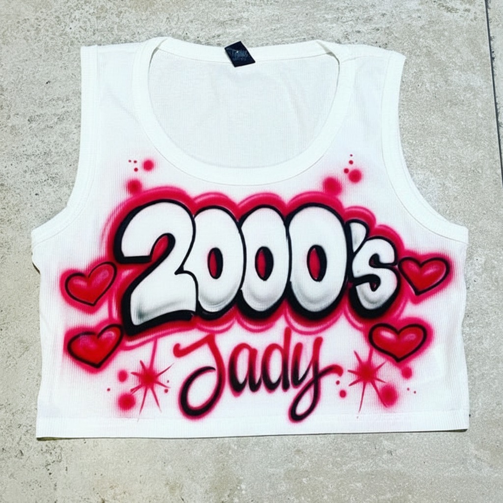 Hand-Scripted 2000s Baby Crop Top — custom airbrush spray paint design on shirts, hats, shoes and outfits