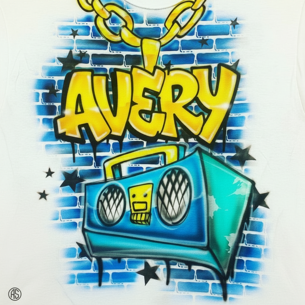 Heritage 90's Boombox w/ Stars Tee — custom airbrush spray paint design on shirts, hats, shoes and outfits