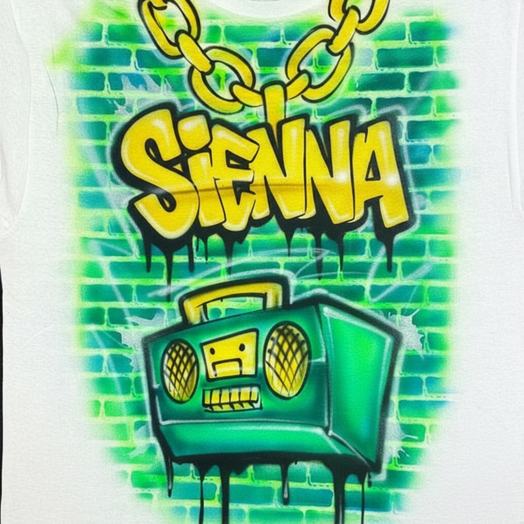 Heritage 90's Green Boombox Tee — hand airbrushed custom design