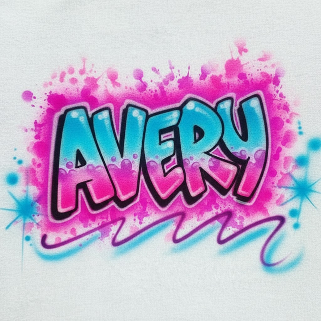 Signature 90's Paint Splatter Name Tee — custom airbrush spray paint design on shirts, hats, shoes and outfits