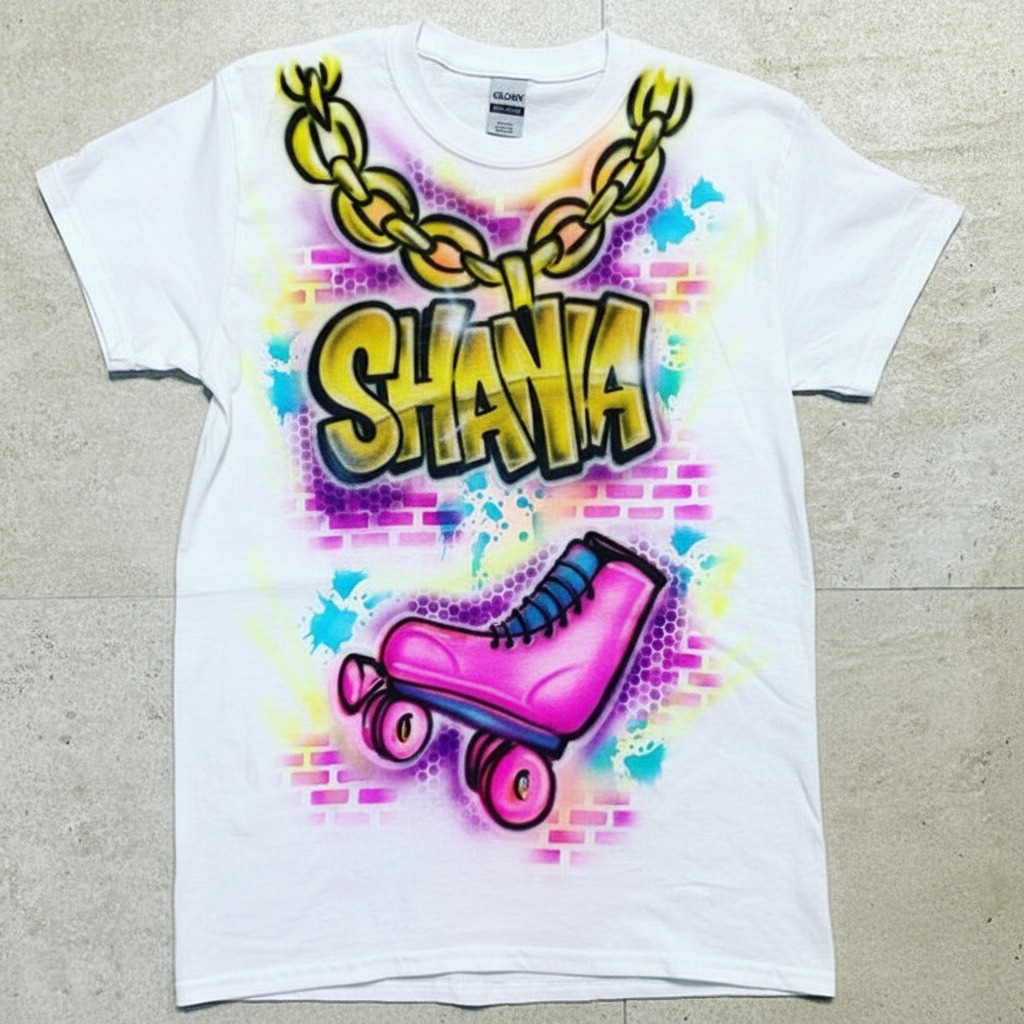 Heritage 90's Skater w/ Name Tee — custom airbrush spray paint design on shirts, hats, shoes and outfits