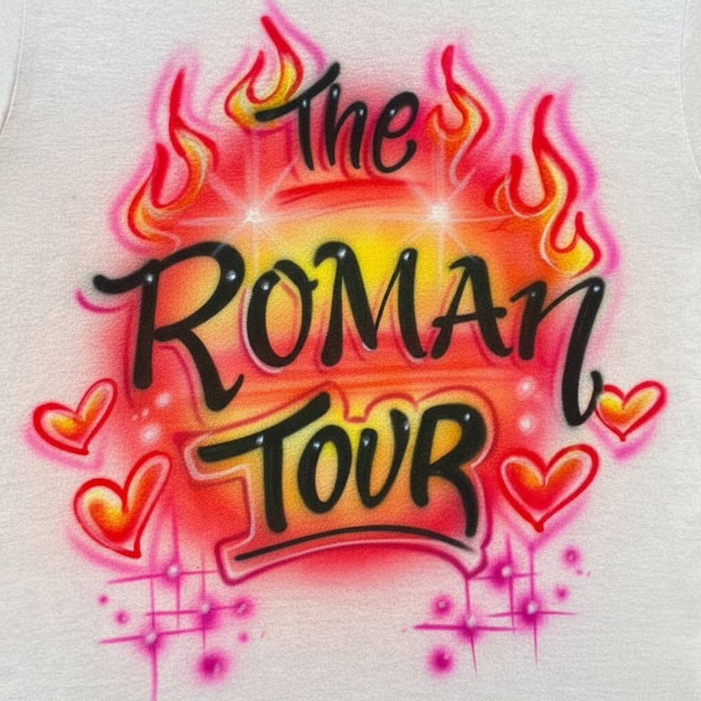 Tour-Grade Millennium Tour Flame & Heart Tee — custom airbrush spray paint design on shirts, hats, shoes and outfits