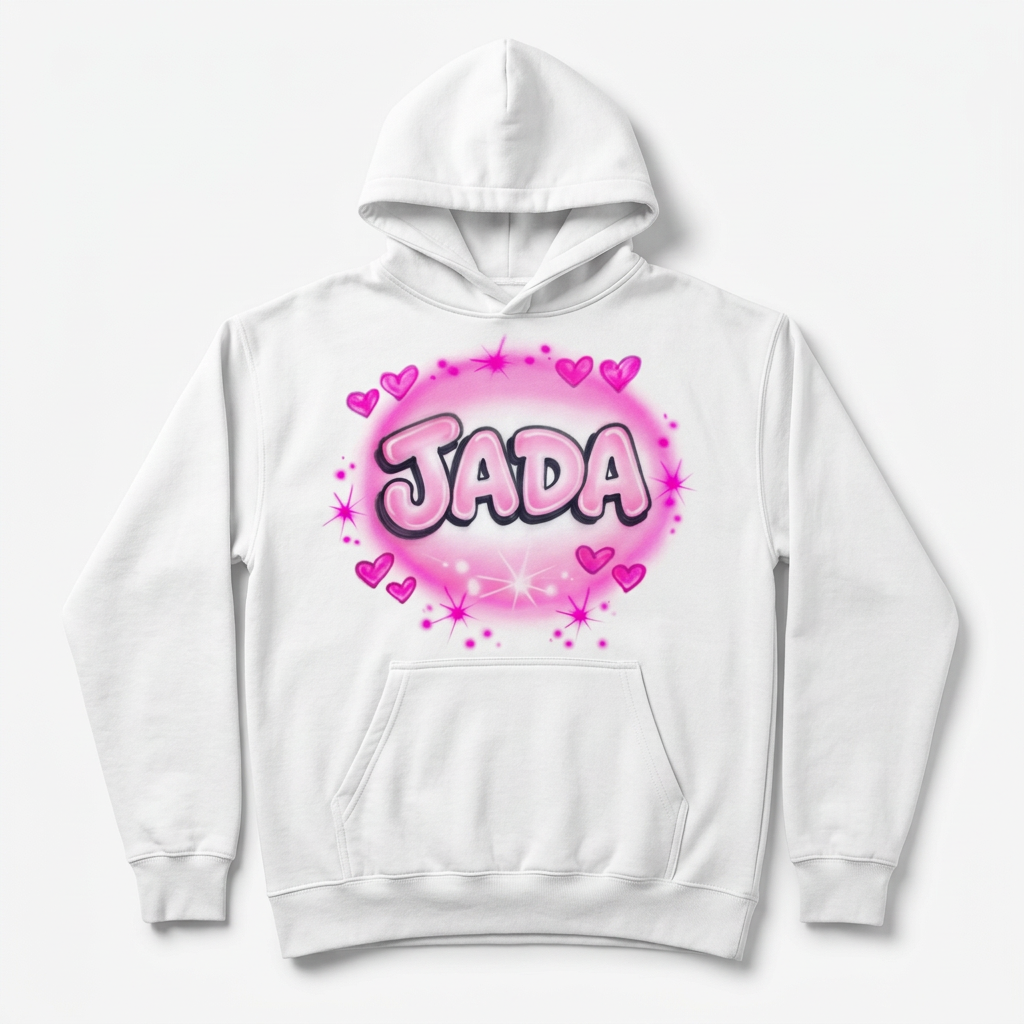 2003 Name Fall Hoodie — custom airbrush name design hand painted on a white pullover hoodie