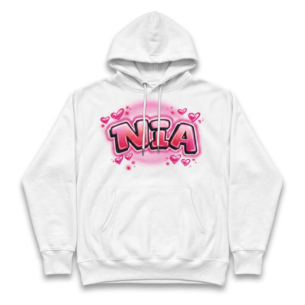 Baby Girl W/ Hearts Name Fall Hoodie — custom airbrush name design hand painted on a white pullover hoodie