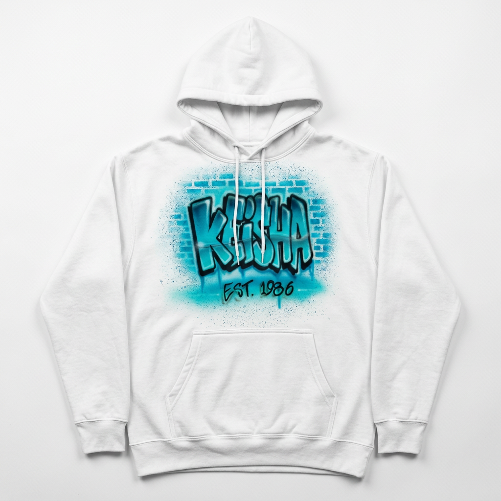 Brick Background Name Fall Hoodie — custom airbrush name design hand painted on a white pullover hoodie