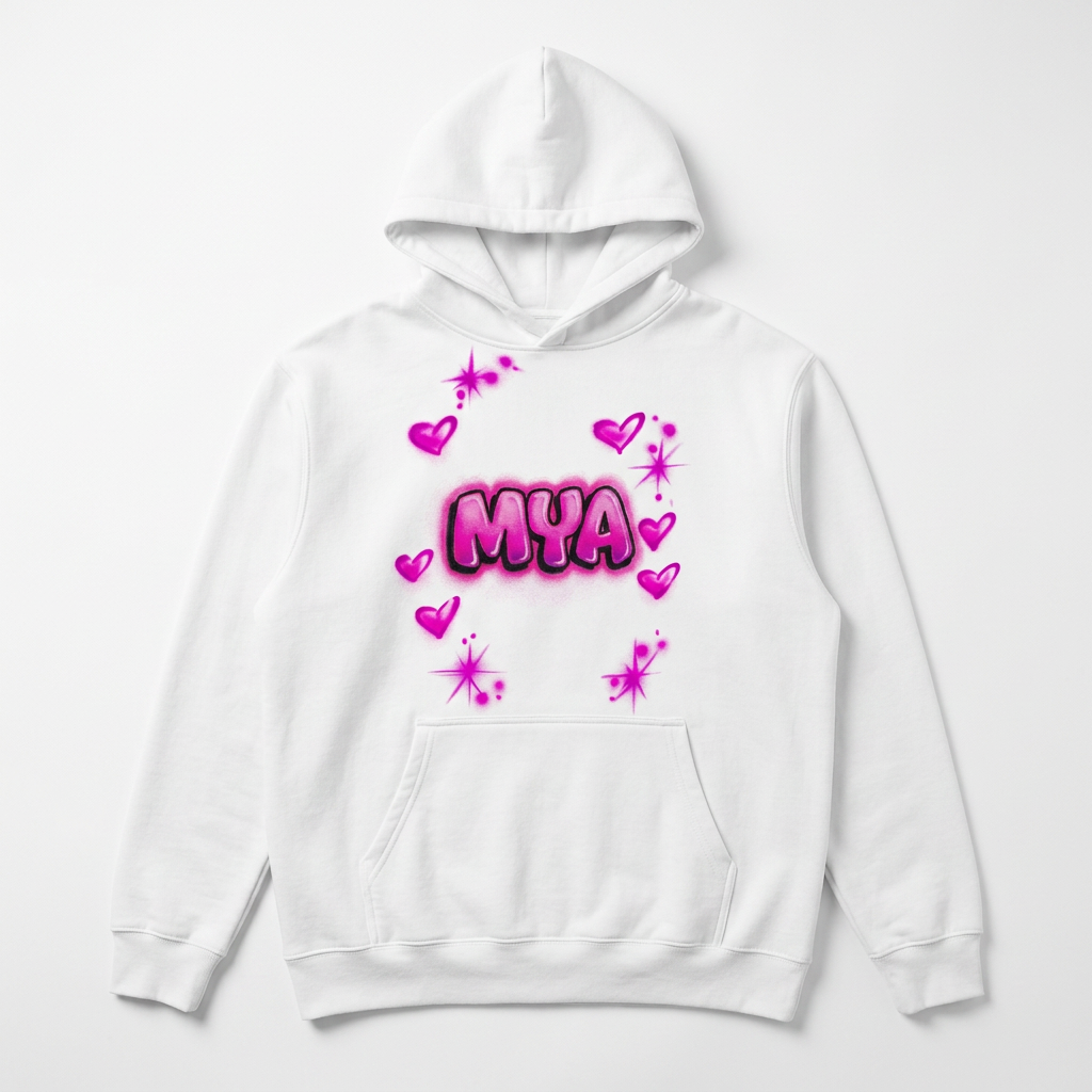 Bubble Letters Name Fall Hoodie — custom airbrush name design hand painted on a white pullover hoodie