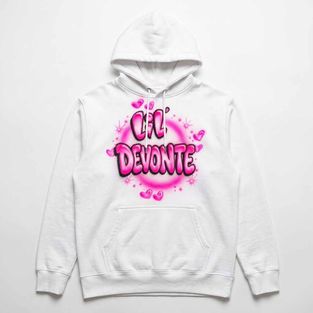 Bubble Letters With Hearts Name Fall Hoodie — custom airbrush name design hand painted on a white pullover hoodie