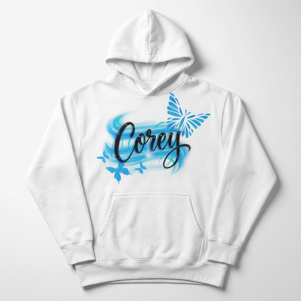 Butterflies Name Fall Hoodie — custom airbrush name design hand painted on a white pullover hoodie