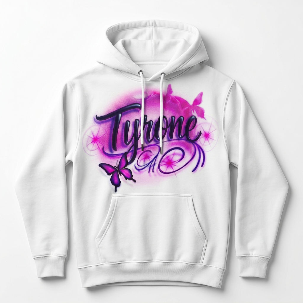 Bespoke Butterflies W/ Swirls Name Fall Hoodie — custom airbrush name design hand painted on a white pullover hoodie