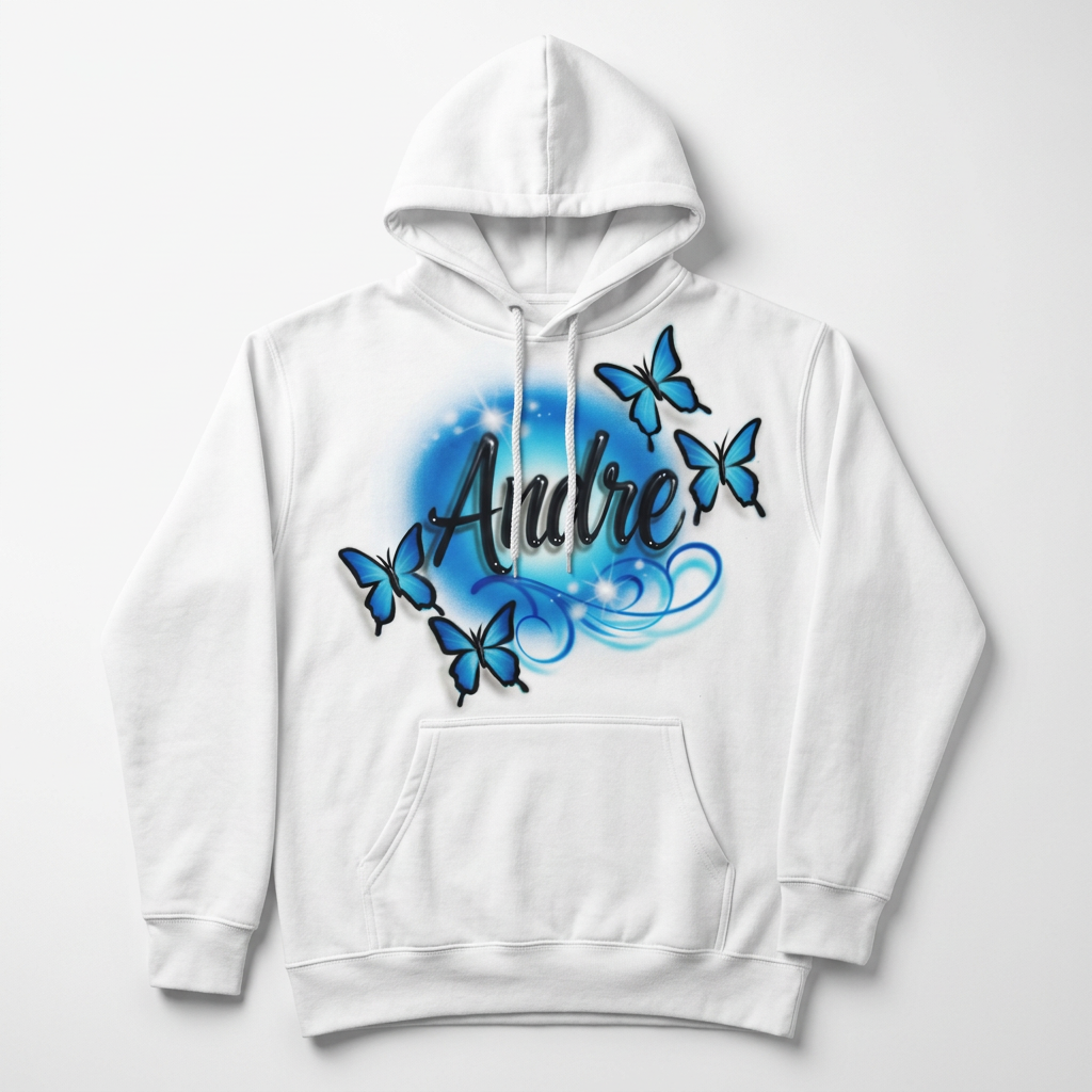 Butterfly Fall Hoodie — custom airbrush name design hand painted on a white pullover hoodie