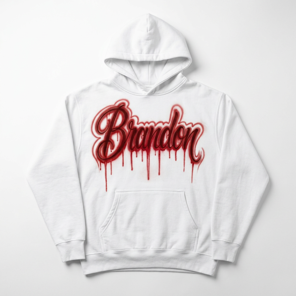 Drip Name Fall Hoodie — custom airbrush name design hand painted on a white pullover hoodie