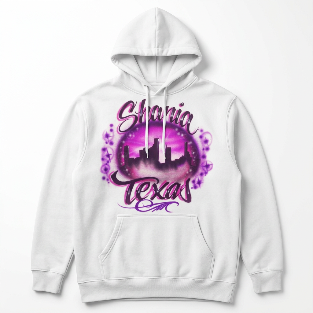 Fancy Houston Skyline Name Fall Hoodie — hand airbrushed custom design