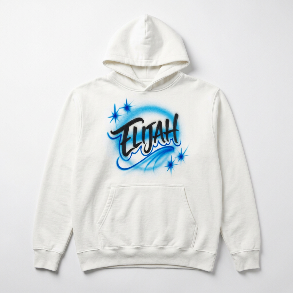 Script Name Fall Hoodie — custom airbrush name design hand painted on a white pullover hoodie