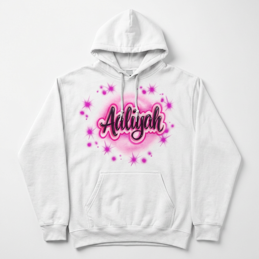 W/ Outline Name Fall Hoodie — custom airbrush name design hand painted on a white pullover hoodie