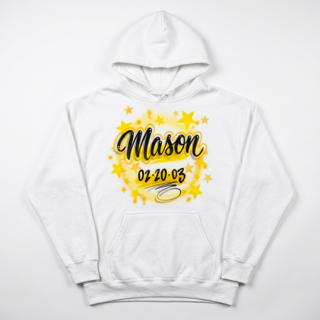W/ Stars Name Fall Hoodie — custom airbrush name design hand painted on a white pullover hoodie