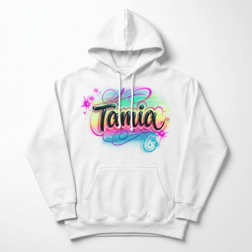 Rainbow With Swirls Name Fall Hoodie — custom airbrush name design hand painted on a white pullover hoodie