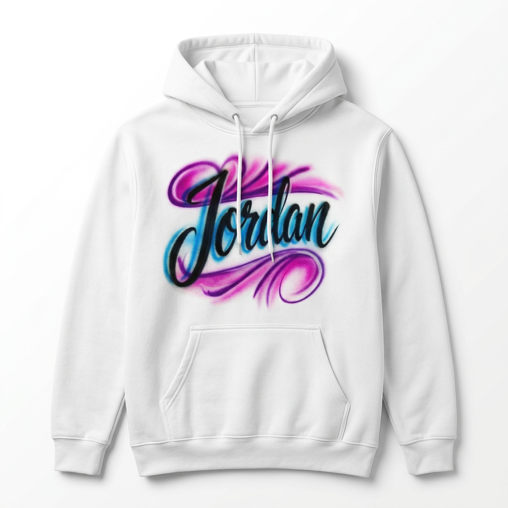 Bespoke Script Name Fall Hoodie — custom airbrush name design hand painted on a white pullover hoodie