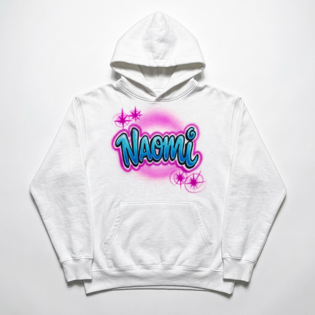 Two Colored Name Fall Hoodie — custom airbrush name design hand painted on a white pullover hoodie