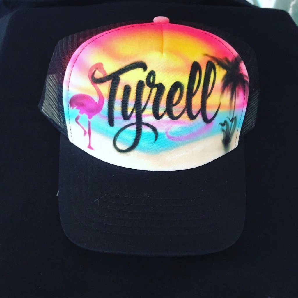 Hand-Scripted Beach Flamingo Hat — custom airbrush hat design hand-sprayed on caps and trucker hats