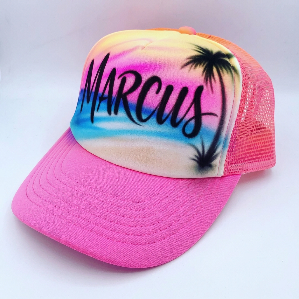 Studio Beach with Palm Trees Hat — custom airbrush hat design hand-sprayed on caps and trucker hats