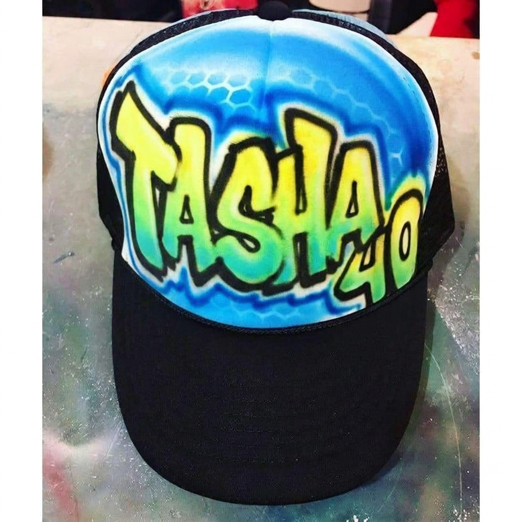 Custom Block Letters with Fade Hat — custom airbrush hat design hand-sprayed on caps and trucker hats