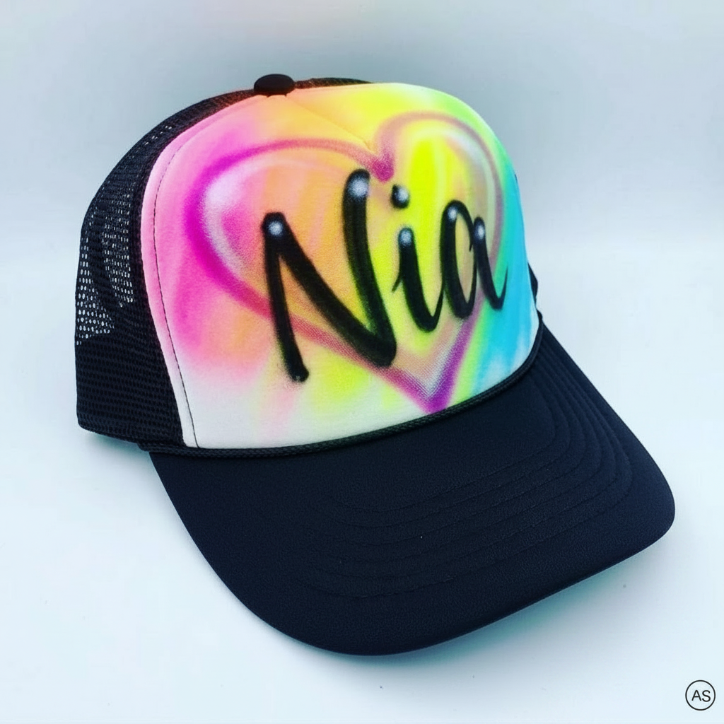 Master-Sprayed Name With Heart Hat — custom airbrush hat design hand-sprayed on caps and trucker hats