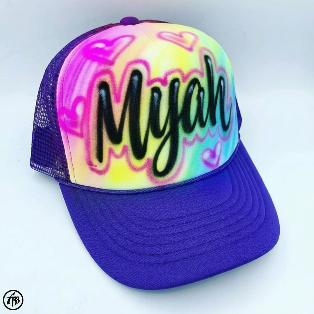 Artisan Rainbow with Hearts Hat — custom airbrush hat design hand-sprayed on caps and trucker hats