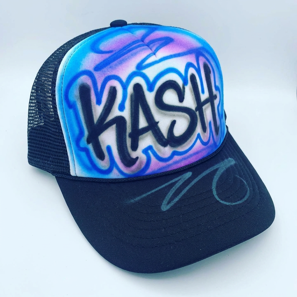 Hand-Scripted Street Tag Hat — custom airbrush hat design hand-sprayed on caps and trucker hats