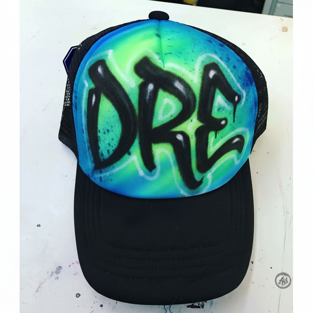 Master-Sprayed Tag Hat — custom airbrush hat design hand-sprayed on caps and trucker hats