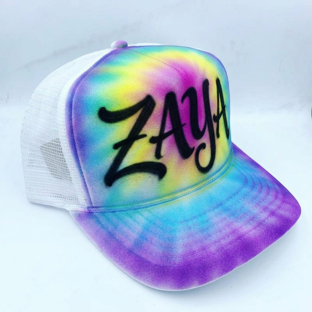 Heritage Tie Dye Hat — custom airbrush hat design hand-sprayed on caps and trucker hats