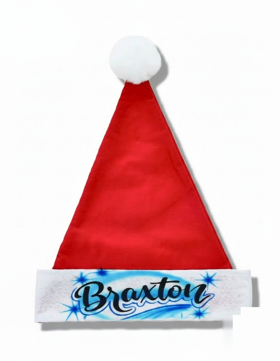 Master-Sprayed Name Script Santa | Christmas Edition Hat — custom airbrush spray paint design on shirts, hats, shoes and outfits