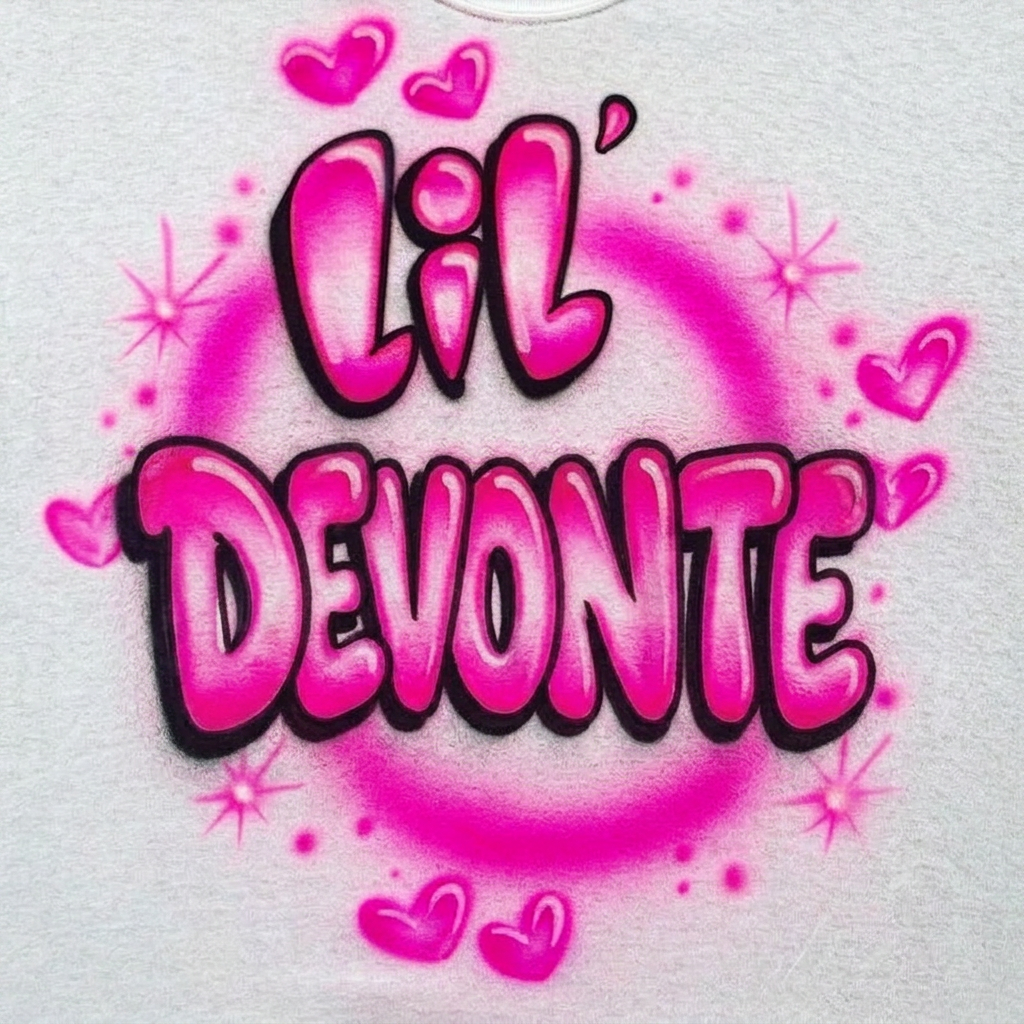 Premium Bubble Letters With Hearts Name Tee — custom airbrush spray paint design on shirts, hats, shoes and outfits