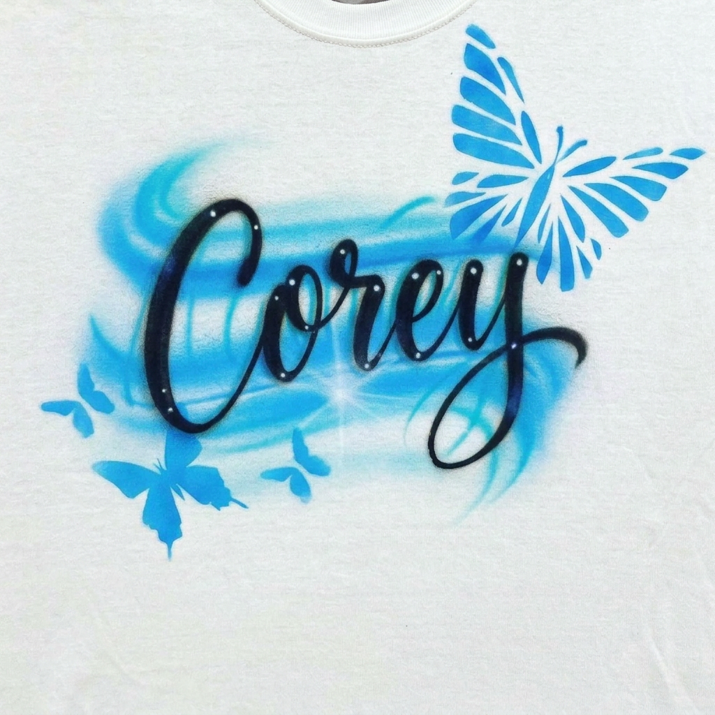Master-Lettered Butterflies Name Tee — custom airbrush spray paint design on shirts, hats, shoes and outfits