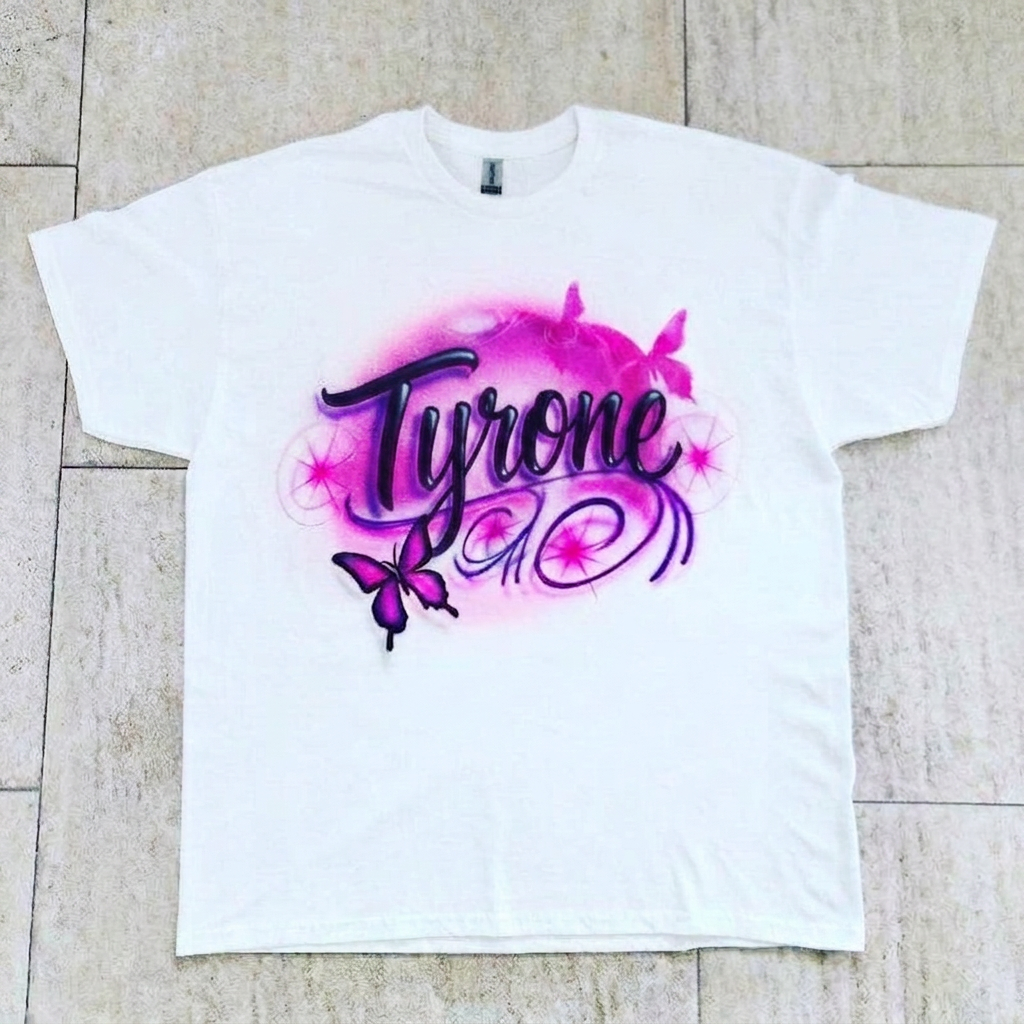 Bespoke Butterflies W/ Swirls Name Tee — custom airbrush spray paint design on shirts, hats, shoes and outfits