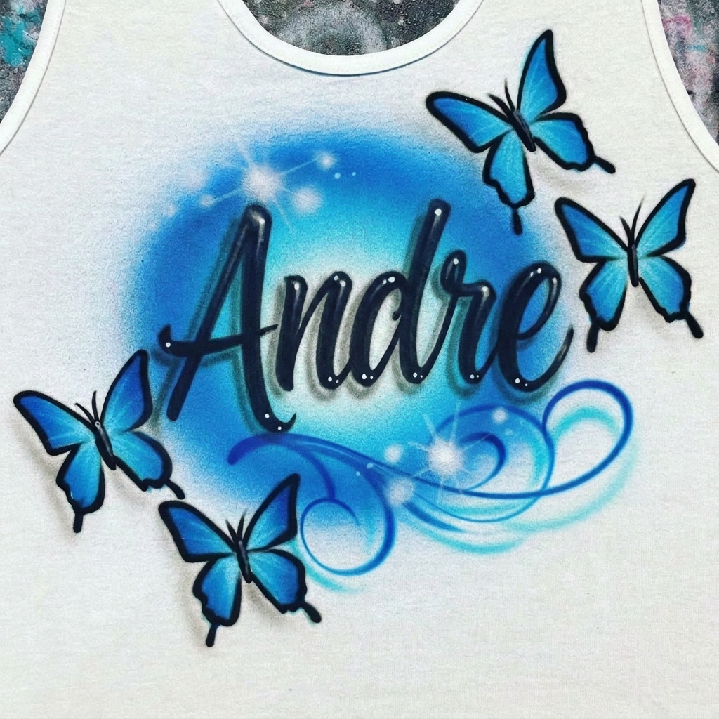 Artisan Butterfly Tank — custom airbrush spray paint design on shirts, hats, shoes and outfits