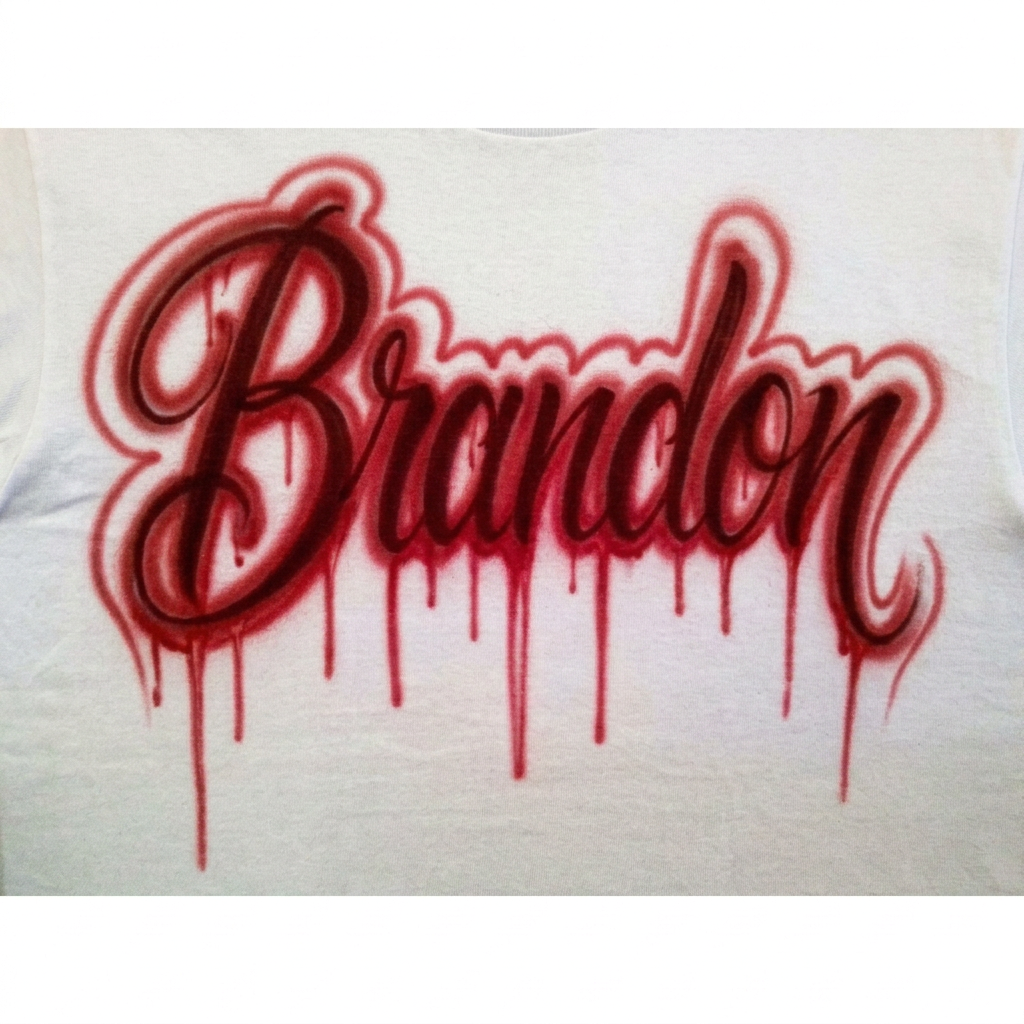 Hand-Scripted Drip Name Tee — custom airbrush spray paint design on shirts, hats, shoes and outfits