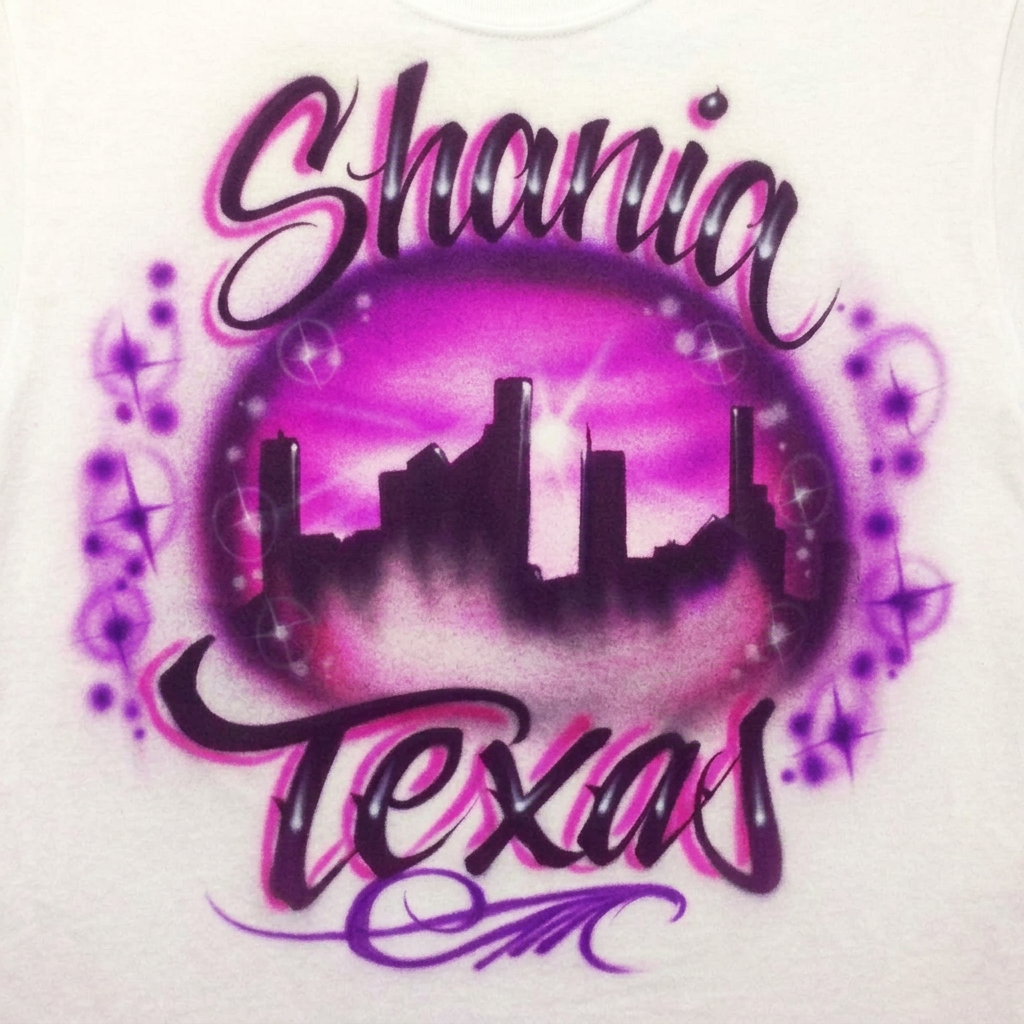 Custom Fancy Houston Skyline Name Tee — hand airbrushed custom design