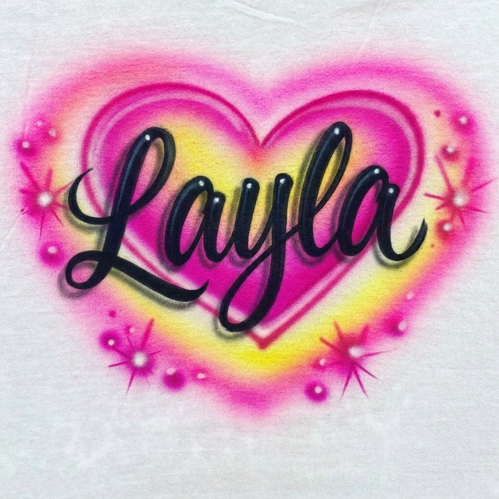 Master-Lettered Heart W/ Two Colors Name Tee — hand airbrushed custom design