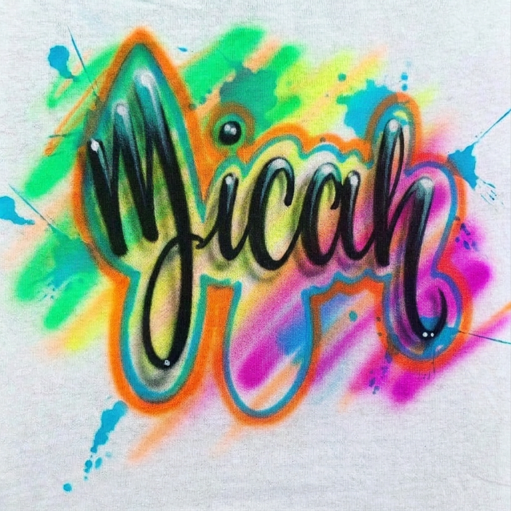Hand-Scripted Multi-Color Name Tee — hand airbrushed custom design