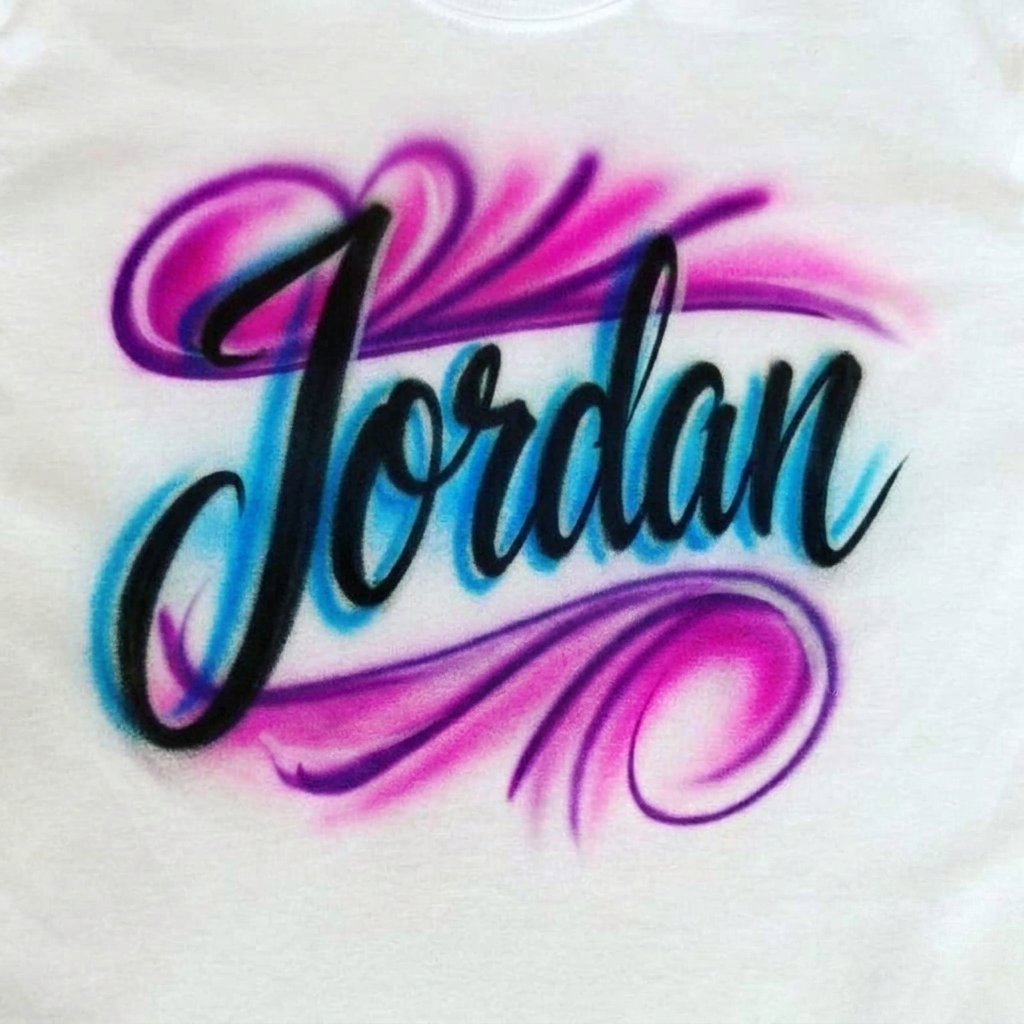Bespoke Script Name Tee — custom airbrush spray paint design on shirts, hats, shoes and outfits