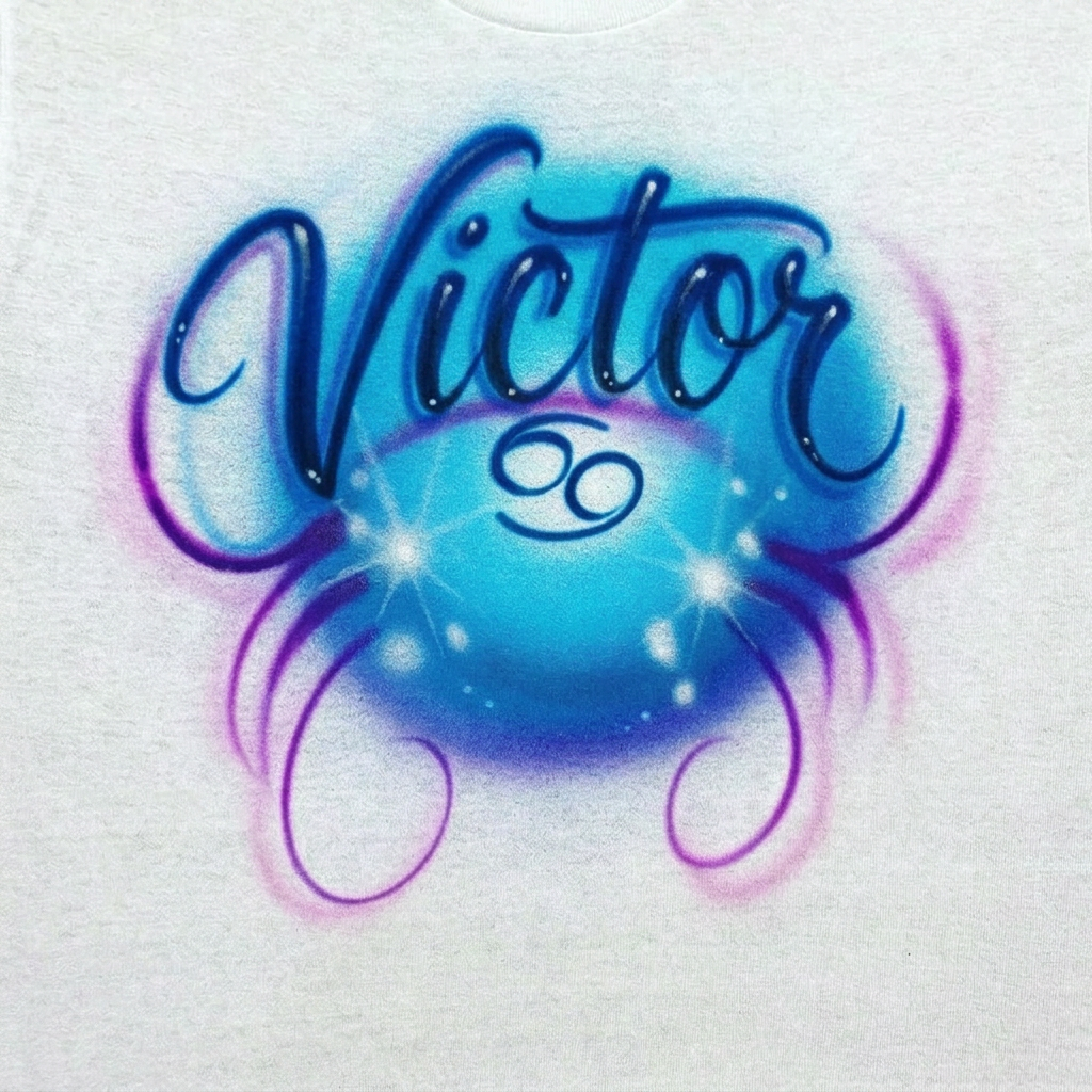 Hand-Scripted Zodiac Cancer Name Tee — hand airbrushed custom design