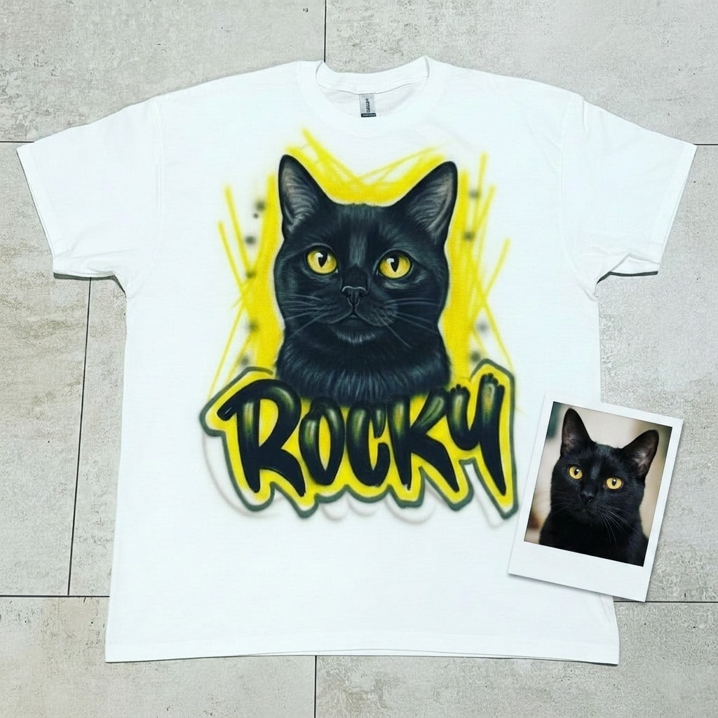 Master-Sprayed Cat Pet Portrait Tee — custom airbrush spray paint design on shirts, hats, shoes and outfits