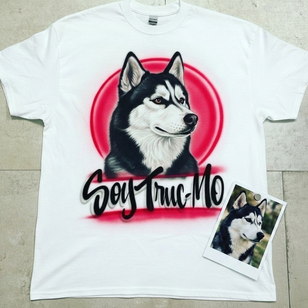 Master-Sprayed Dog Pet Portrait Tee — custom airbrush spray paint design on shirts, hats, shoes and outfits