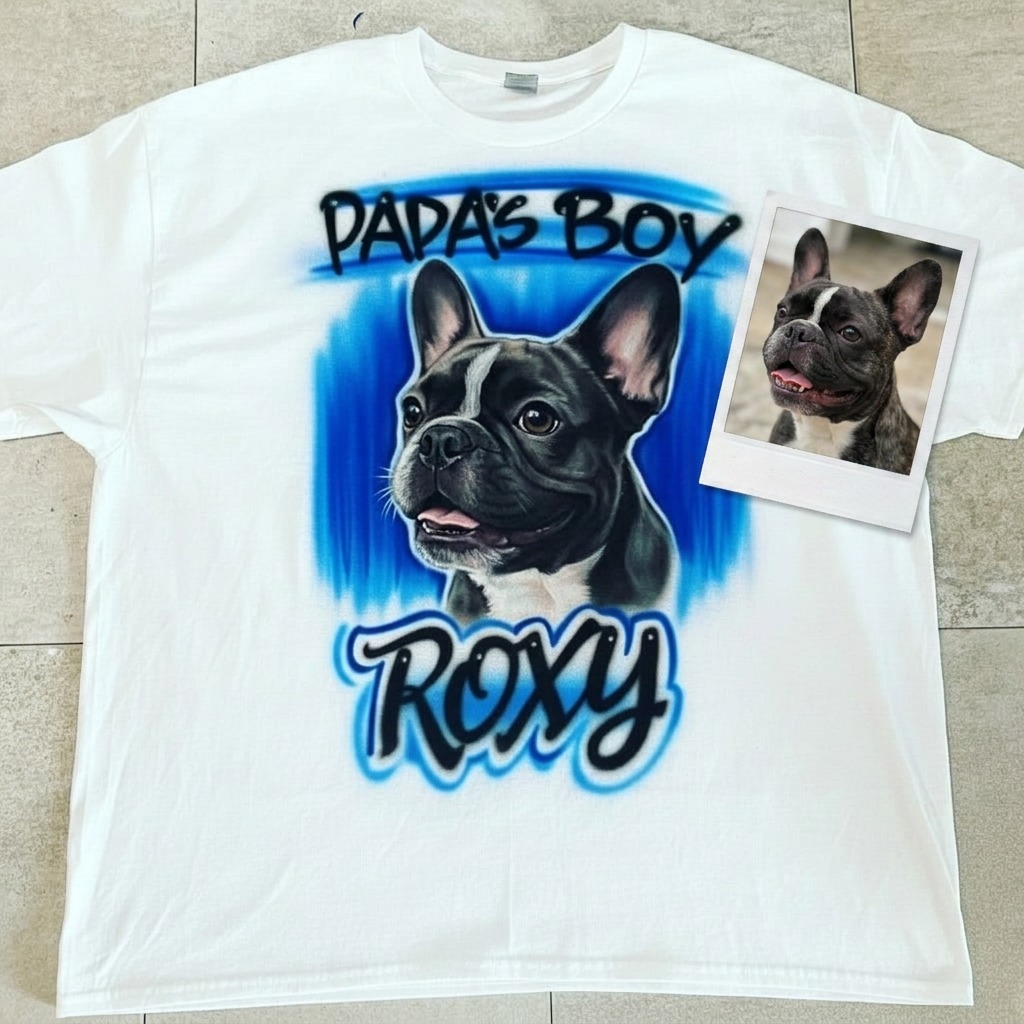 Studio Papa's Boy Pet Portrait Tee — custom airbrush spray paint design on shirts, hats, shoes and outfits