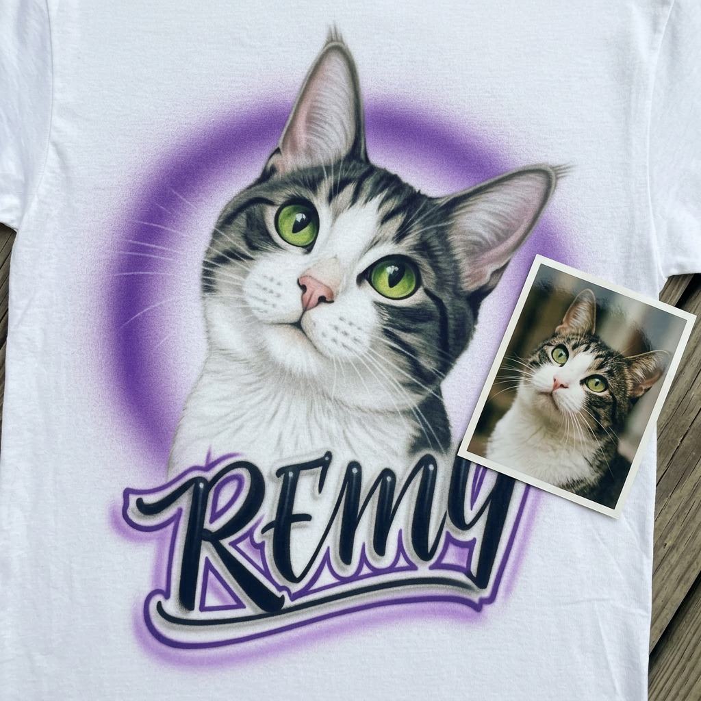 Artisan Pet Portrait Tee — custom airbrush spray paint design on shirts, hats, shoes and outfits